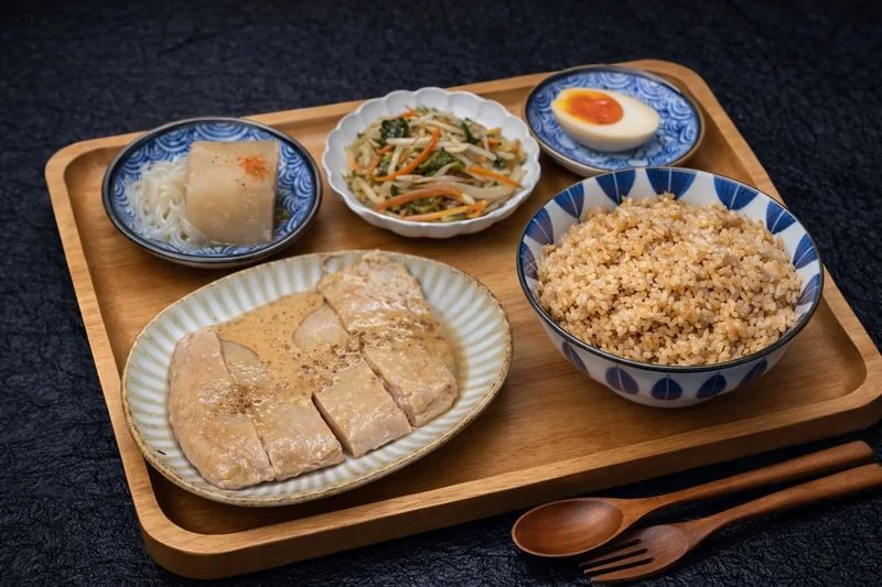 嫲嫲汁配慢煮雞扒便當 — 切件慢煮雞扒淋麻辣麻醬,配糙米飯、溏心蛋、涼拌小菜同大根